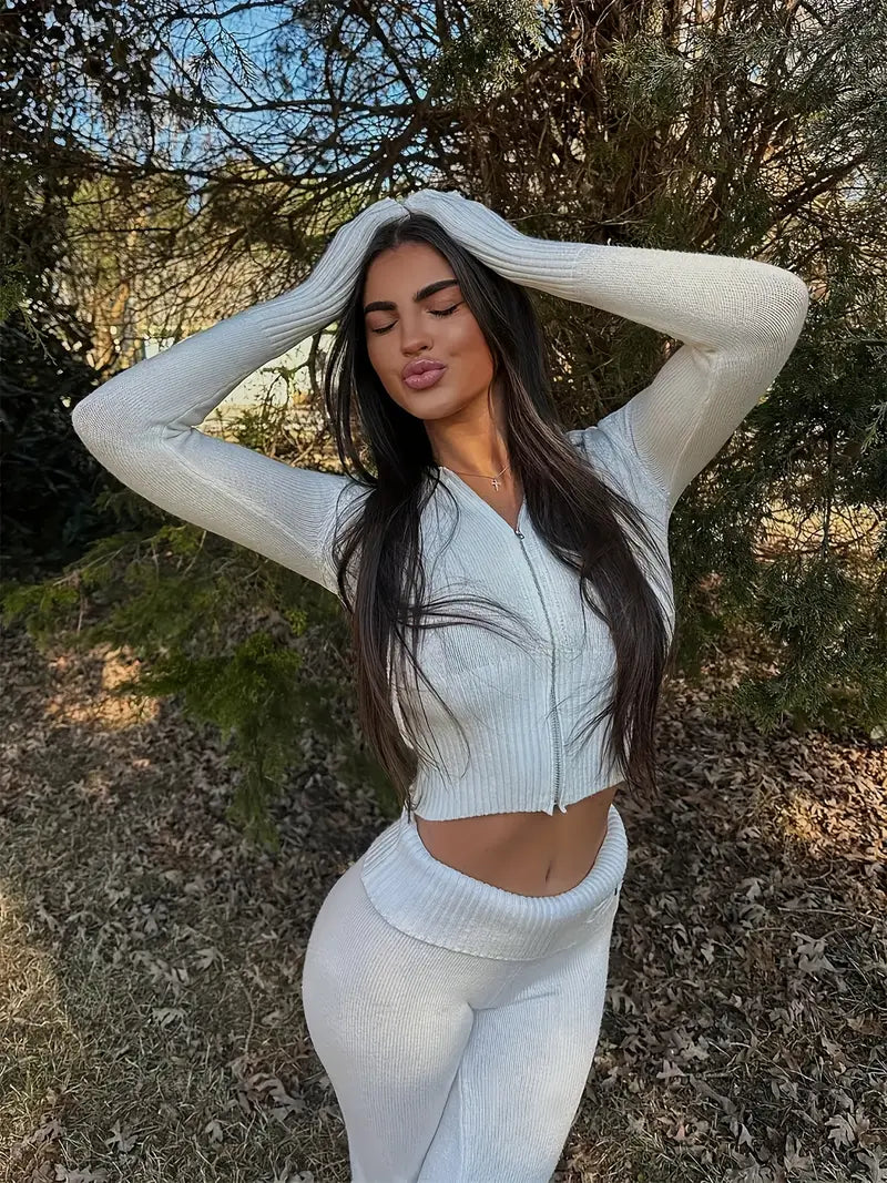 Solid Knitted Casual Two-piece Set