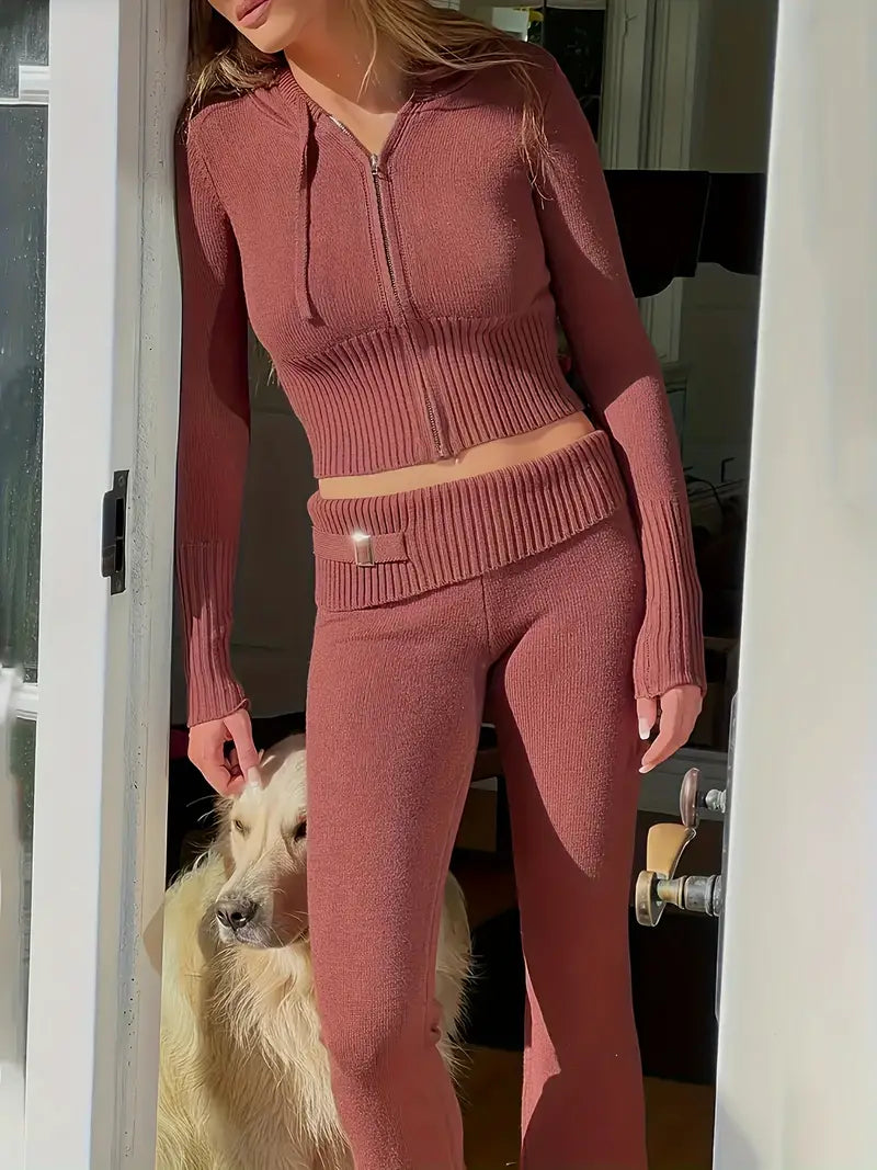 Solid Knitted Casual Two-piece Set